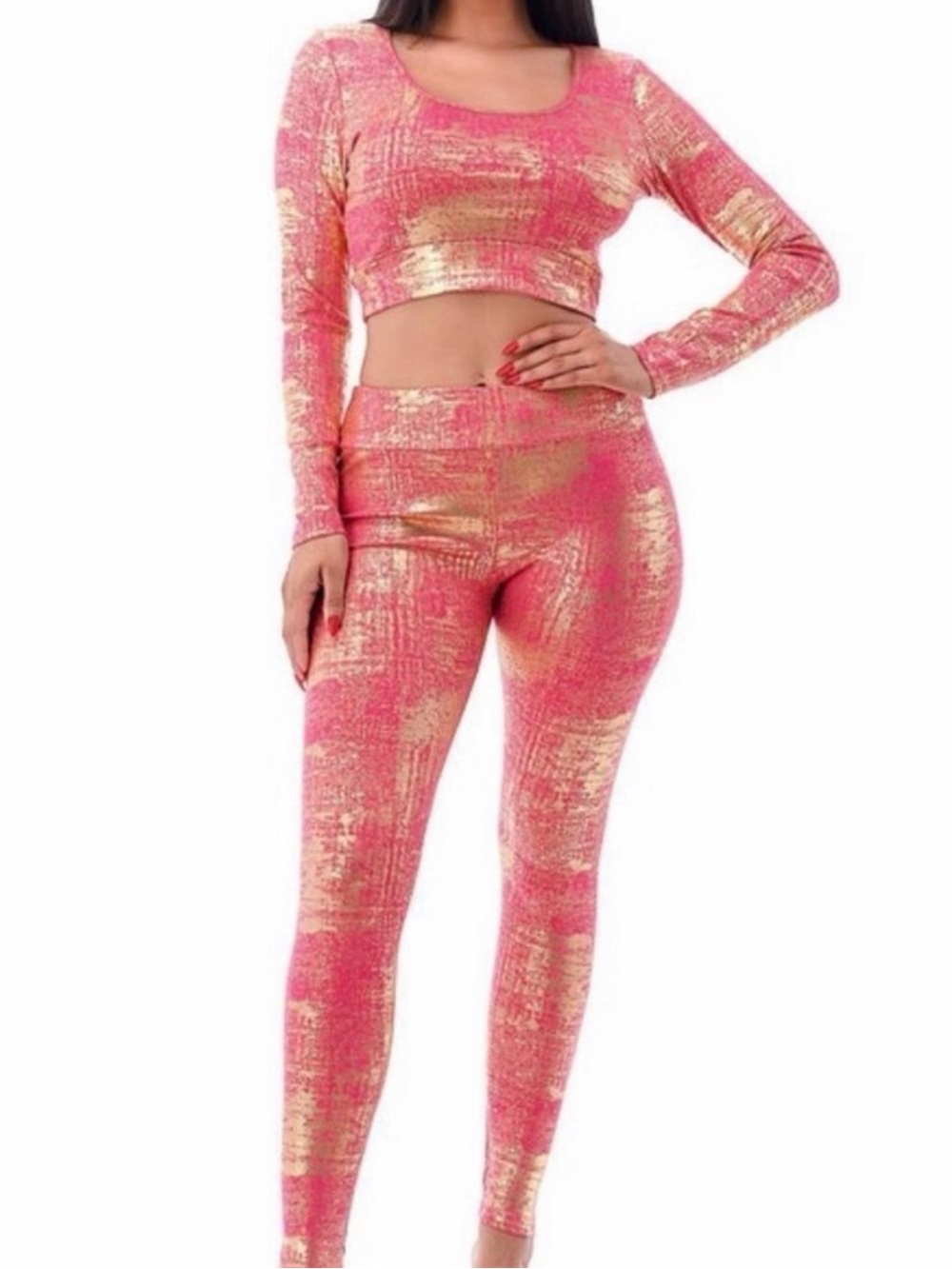 Elise & Kate Pink and Gold Metallic Skinny Leggings Set
